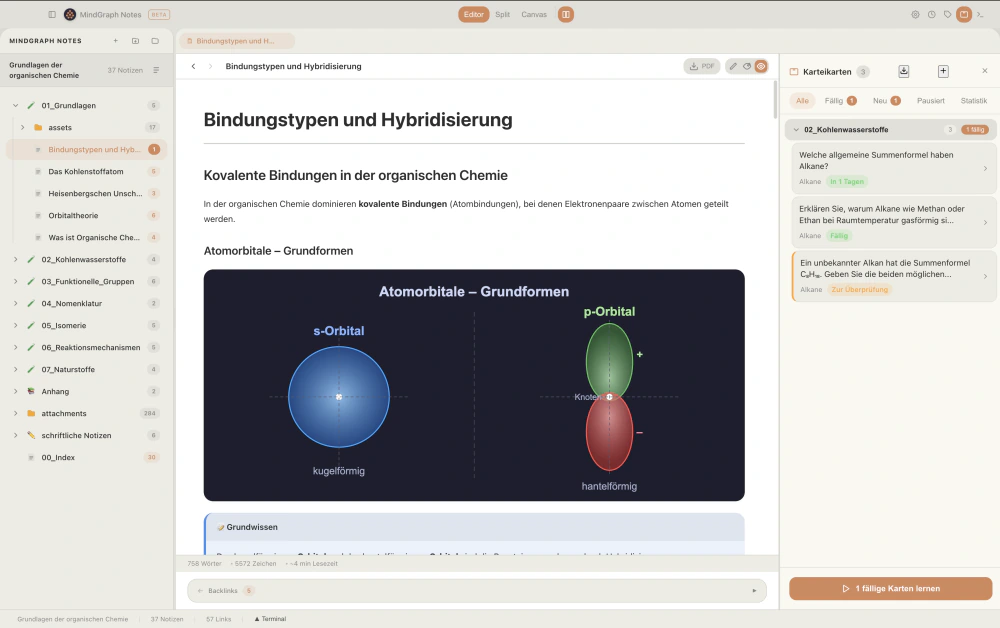 MindGraph Editor mit Notiz und Karteikarten-Panel